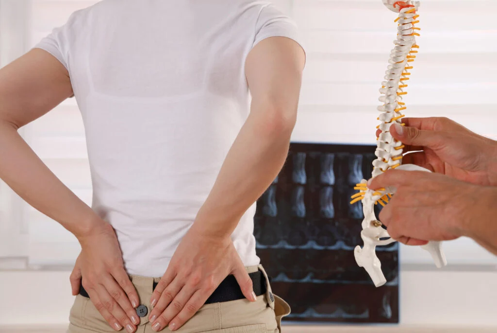 Chiropractor performing a gentle spinal adjustment on a patient at First Stop Chiropractic in Fenton, MO.