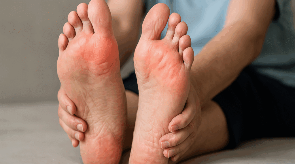 Patient experiencing neuropathy symptoms in the feet and discussing early treatment options with a healthcare provider