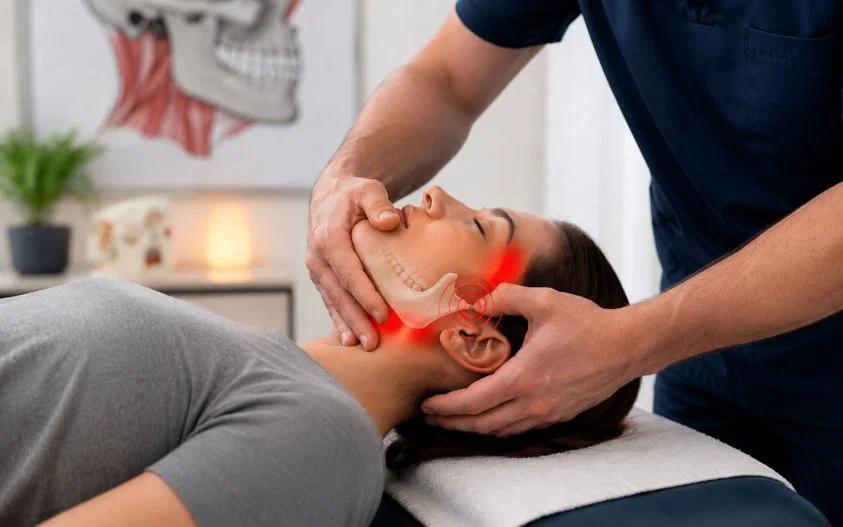 Chiropractor evaluating a patient with TMJ pain to improve jaw function through chiropractic adjustments